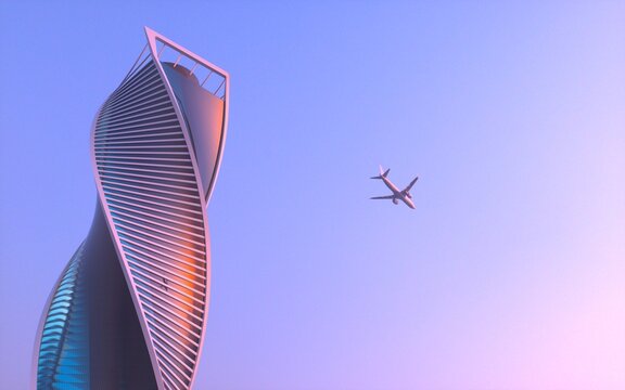 Airplane flying near a modern skyscraper at sunset