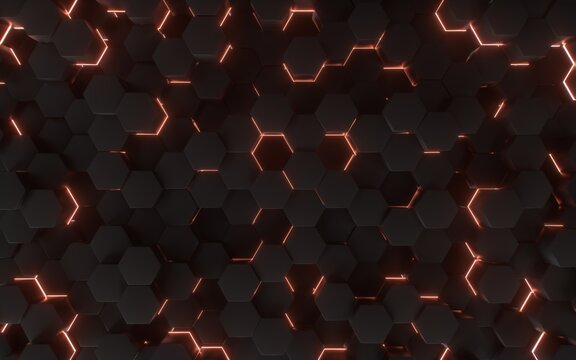 Dark hexagon geometric background with glowing orange lines