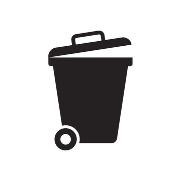 Black trash can icon with lid and wheel, waste management symbol