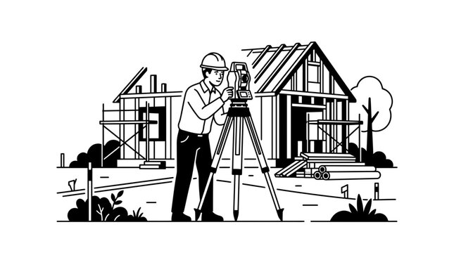 Surveyor with Total Station on Tripod at Construction Site, House Framing