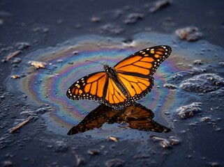 Naklejka premium Monarch butterfly on oil slick water surface