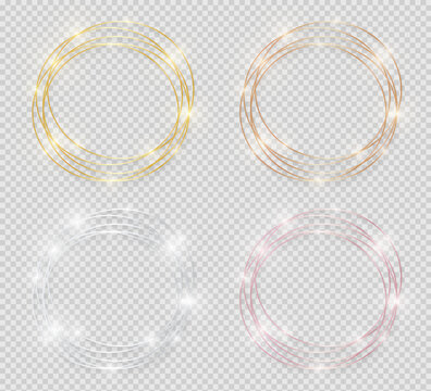 Yellow and pink gold, silver and bronze shiny glowing vintage frames with shadows pack isolated on transparent background. Golden luxury realistic circle art borders. Vector illustration
