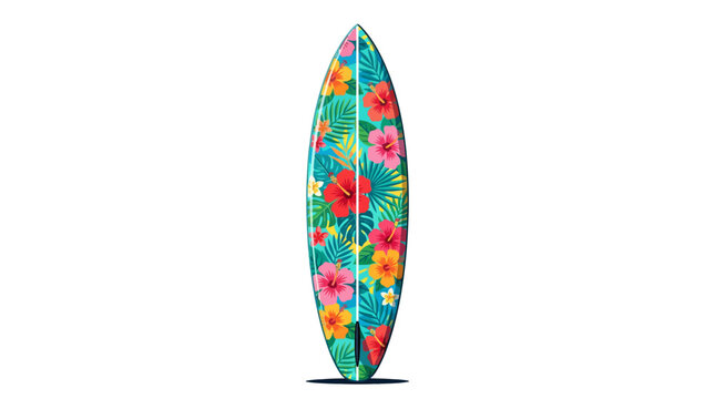 Colorful surfboard with tropical floral pattern on white background