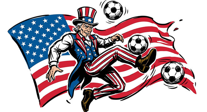 Patriotic Uncle Sam juggling soccer balls with American flag, retro comic book illustration for sports branding and t-shirt design