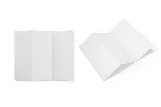 Blank white tri folded brochure mockup. Open booklet isolated. 3d rendering.