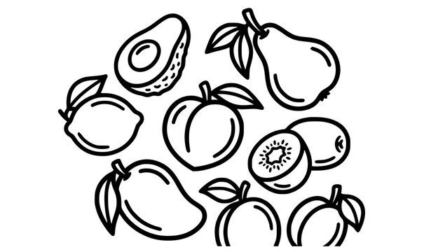 Bold outline fruit icon collection with modern thick monoline food graphics for juice bar logo and sticker design