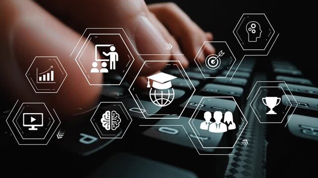 Abstract digital education concept with virtual learning symbols and keyboard background, representing online courses, technology, and engagement in learning environments Gluon.
