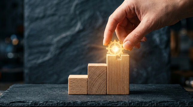 Hand placing illuminated puzzle piece on wooden blocks in dark background, highlighting corporate innovation, organisational structure, and professional culture focused on efficiency and success