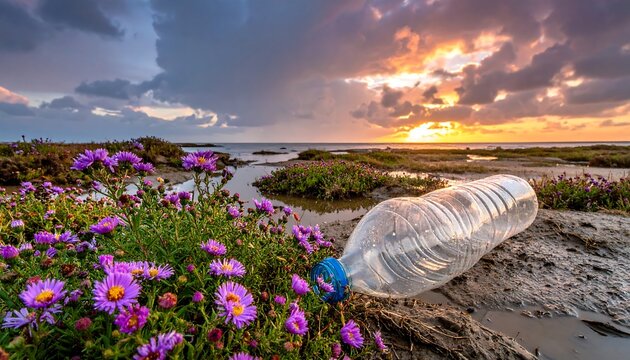 A discarded plastic bottle lies on sandy terrain surrounded by vibrant purple flowers at sunset