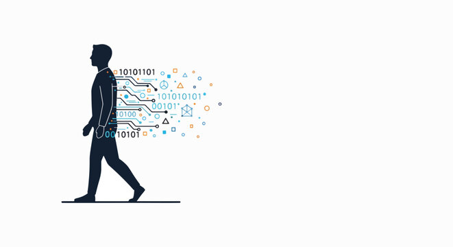 Human Digital Footprint Concept: Silhouette of a person walking with personal data, binary code, and digital information flowing from them.