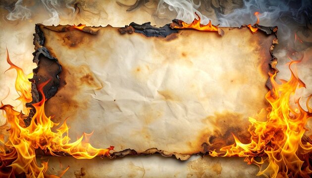 Aged paper with burning edges, flames and smoke curling upward, charred borders symbolizing destruction, fragility, transformation, and impermanence.