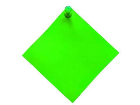 Bright green square paper note attached with a push pin isolated on transparent background