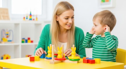 Naklejka premium Young Female Teacher or Mother Playing Educational Games with Little Boy in Preschool Classroom