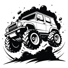 Vector illustration of a powerful monster truck jumping with bold black and white graphics © Creative Graphic Des