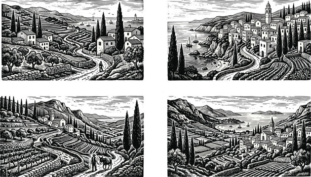 Vintage Linocut Mediterranean Landscape Vector Set Featuring Old Italian Coast Towns Vineyards Cypress Trees Terraced Fields and Woodcut Style Scenery Panels