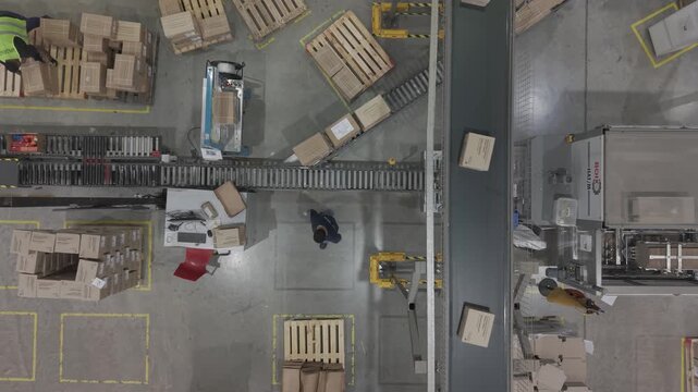 F&aacute;brica en funcionamiento con cinta transportadora y cajas en proceso, obreros trabajando en producci&oacute;n industrial vista cenital, footage industria, trabajo, industrializaci&oacute;n, desarrollo