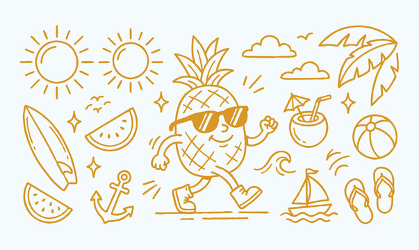Vector doodle set of a cute pineapple mascot with summer beach vacation elements.