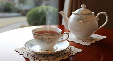 Fototapeta premium Steaming cup of tea and a floral teapot on a table by the window perfect for relaxing mornings elegant tea time and cozy beverages