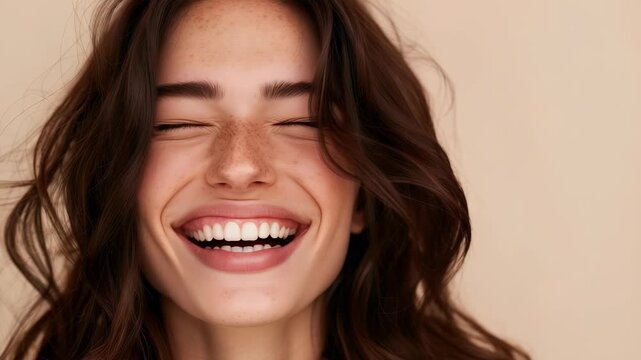 A joyful woman with freckled skin, dark wavy hair, and closed eyes is seen laughing heartily against a plain backdrop. Her genuine happiness is evident in her bright smile and relaxed expression.