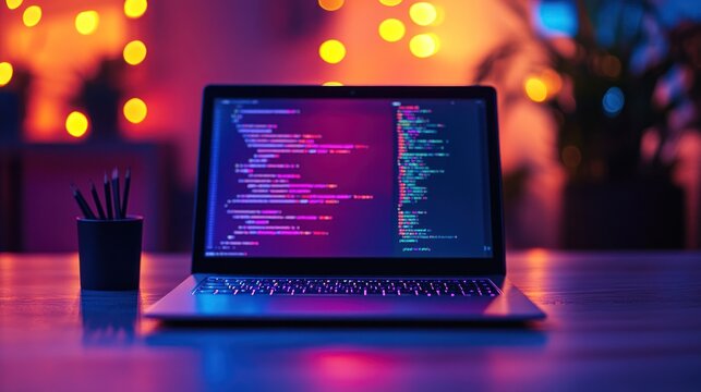 Laptop on a desk displaying programming code with purple bokeh lighting.