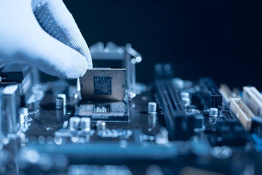 Repairman computer Installation CPU on socket of the motherboard. Computer technology and hardware maintenance or repair.