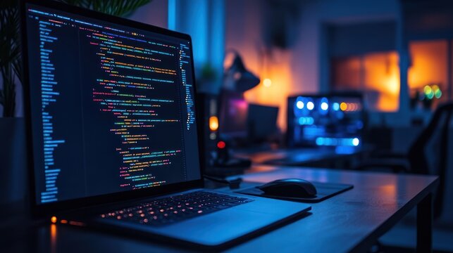 Laptop computer showing lines of code in a dark modern home office workspace.