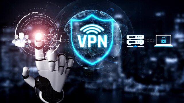 Futuristic Robot Hand Interacting with Digital VPN Security Symbol in Cyber Environment with Data Protection Themes and Technology Elements Sigmoid
