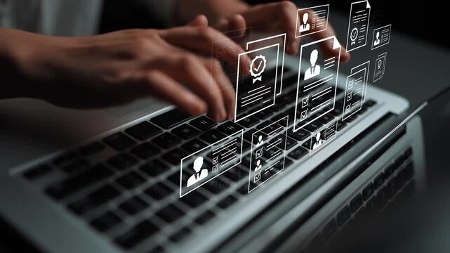 Hands Typing on Laptop with Digital Interface and Business Icons Displayed Over Keyboard, Concept of Technology and Communication Integration. Entropy.