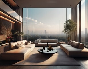 Fototapeta premium zoom background a modern penthouse living room with large windows creates with generative ai
