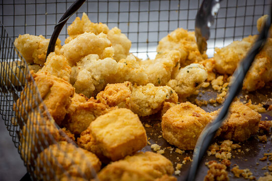 Freshly fried crispy chicken and crispy tofu snacks, Indonesian street food