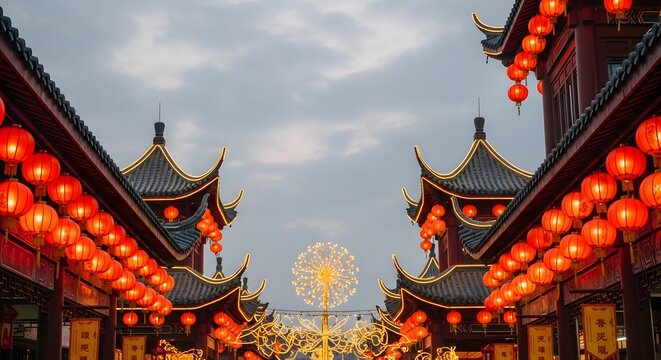 Traditional chinese architecture with red lanterns and festive decorations
