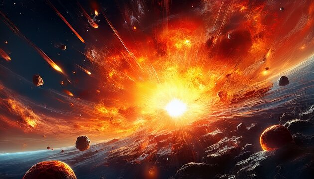 a vibrant depiction of a solar explosion in space bright orange and yellow flames erupt from a massive sun surrounded by asteroids and cosmic debris