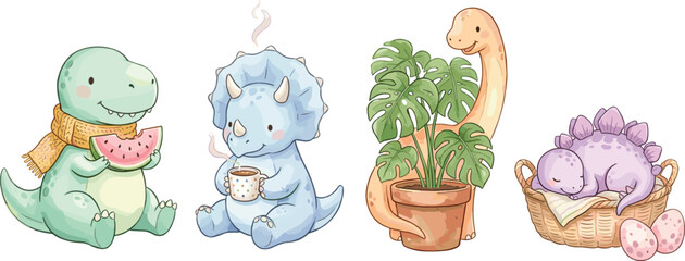 Cozy Baby Dinosaur Vector Icon Set Featuring Cute Cartoon Tyrannosaurus Eating Watermelon Triceratops with Hot Mug Brachiosaurus and Sleeping Stegosaurus © Ismail