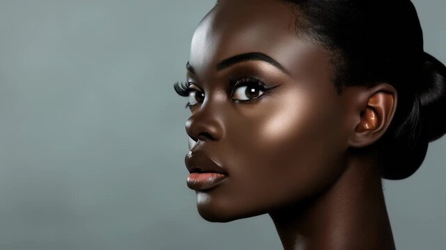 Elegant close-up of a young woman showcasing a refined makeup style. Her dark complexion is accentuated by a subtle glow and dramatic eyeliner, displayed against a clean, gray background.