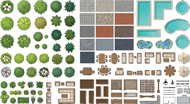 Top down landscape design elements set with trees swimming pools patio furniture and paving textures vector illustration