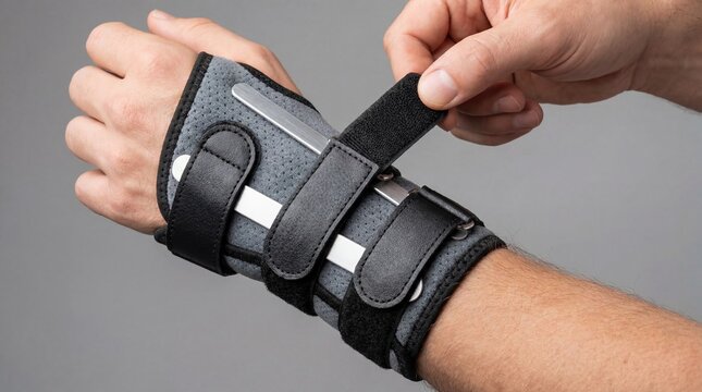 Man fastening medical wrist brace for injury support