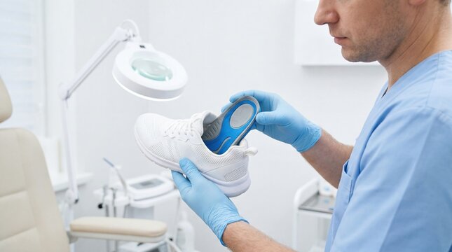 Podiatrist inspecting orthopedic insole in white sneaker