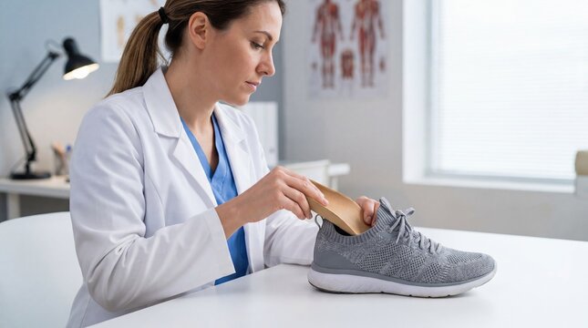Podiatrist fitting custom orthotic insole into trainer