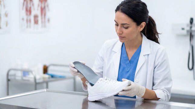 Podiatrist holding orthopedic insole and white sneaker