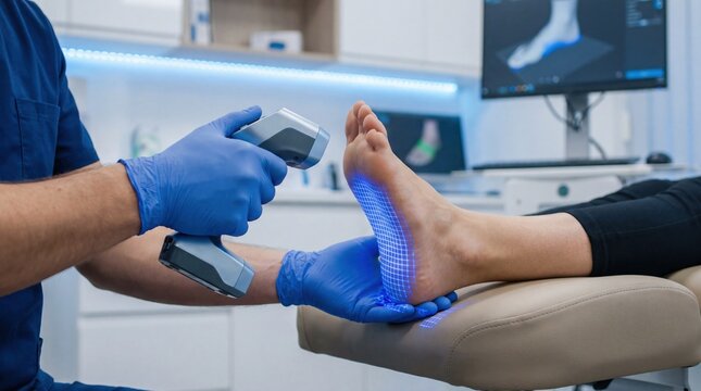 Podiatrist using 3D scanner on patient's foot in clinic