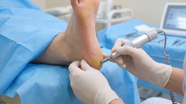 Podiatrist using electric file on patient heel callus