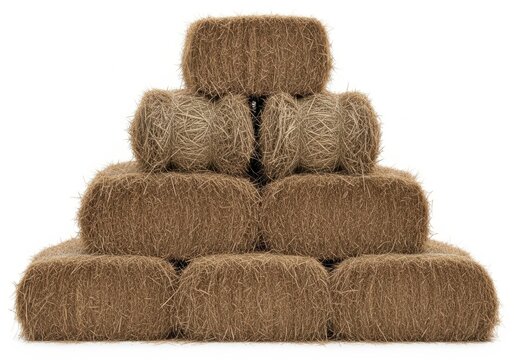 Stacked hay bales on white background for agriculture and farming