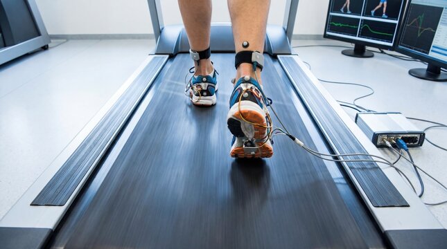 Gait analysis with sensors on runner's feet on treadmill