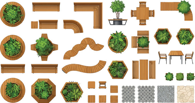 Top view garden furniture set with wooden benches tables planters and paving tiles for landscape design vector