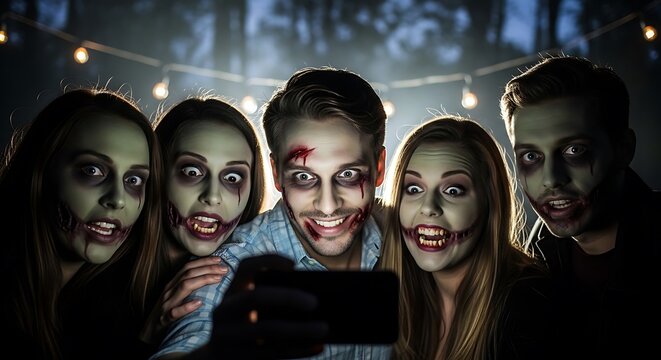 Group of friends in zombie makeup taking a selfie at a night party