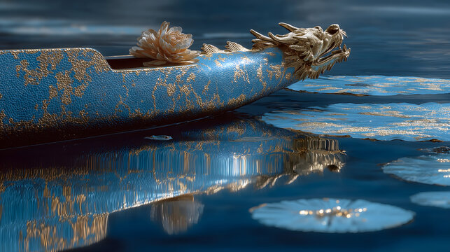 Dragon Boat Festival Dragon Boat Reflection Minimal Poster, Abstract Golden Boat Line On Indigo Water, Large Negative Space Zen Frame, Commercial Material For Outdoor Luxury Co-brand