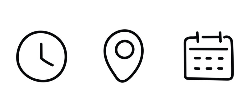 Time, Date and location hand drawn doodle set vector illustration.