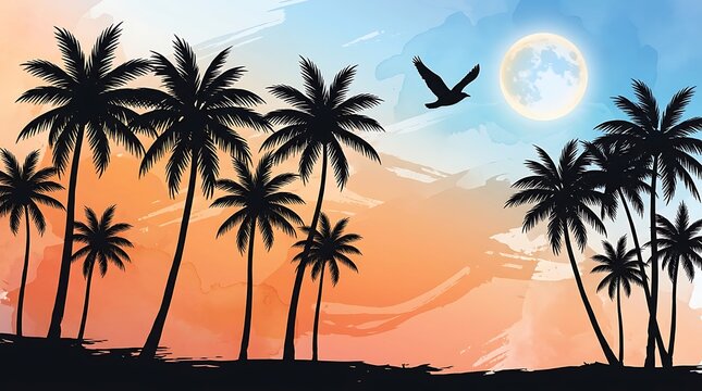 Palm trees silhouette with flying bird at sunset illustration