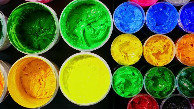 A collection of plastisol inks stored in sturdy barrels and glass jars, each filled with rich and vibrant colors red, blue, yellow, green, pink, orange, purple, and white in screen printing factory
