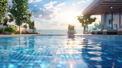 Obraz premium Modern hotel pool in summer, summer banner with space for text
